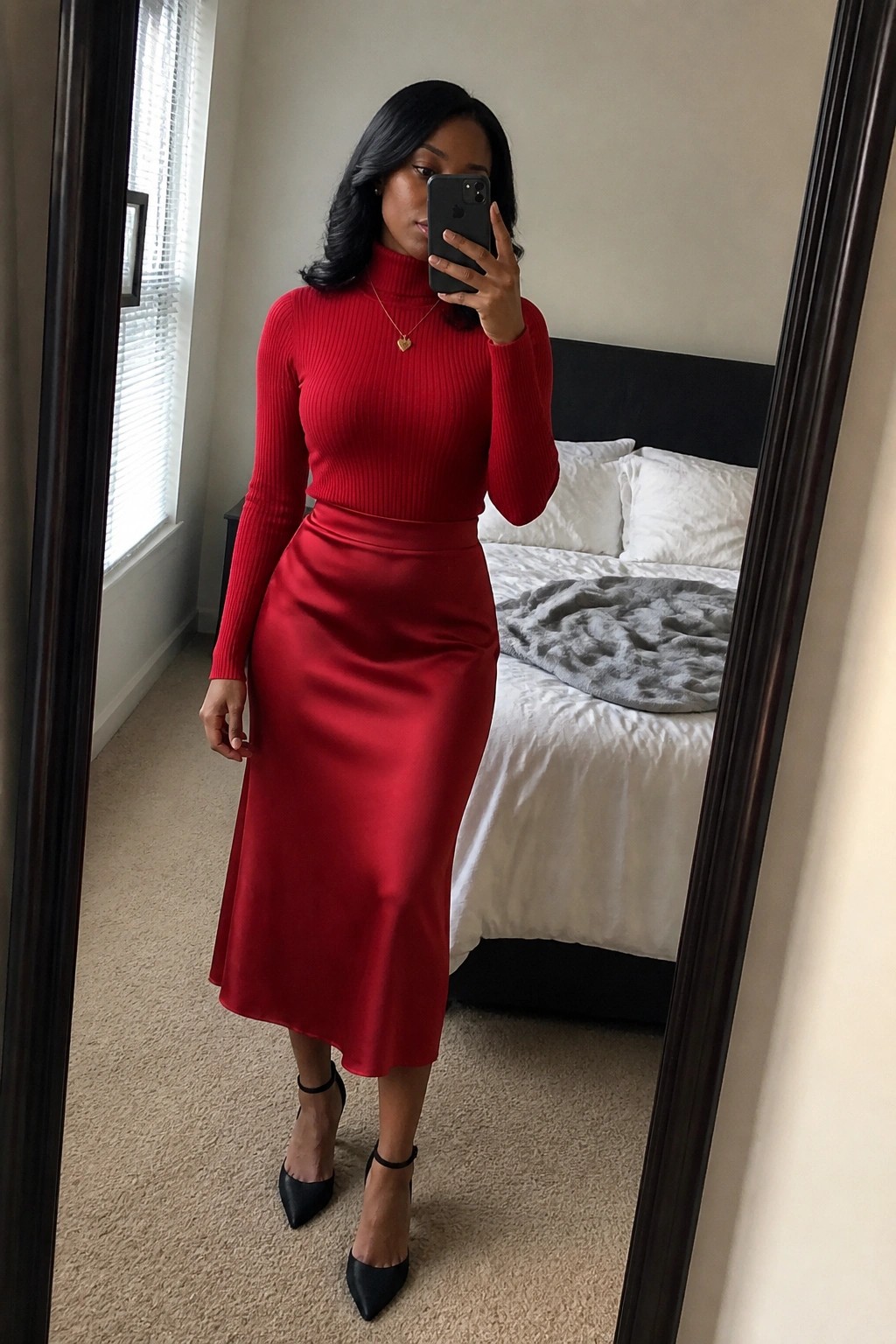Woman in red turtleneck and satin skirt taking bedroom mirror selfie