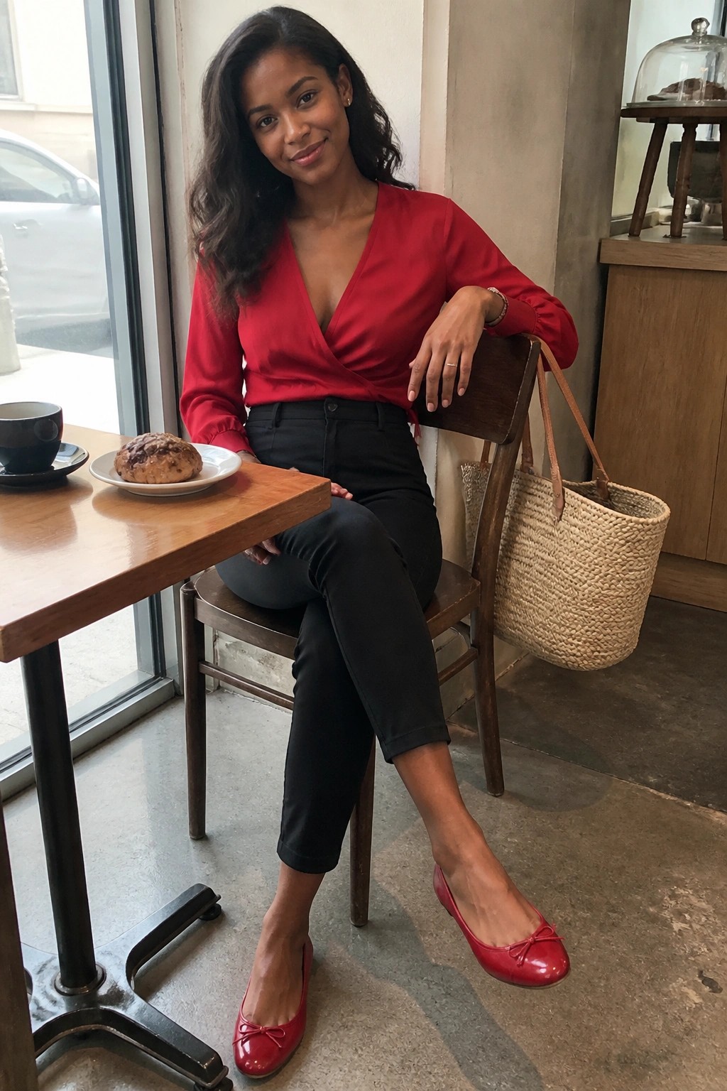 Woman in red wrap top and red flats at cafe table with pastry and bag