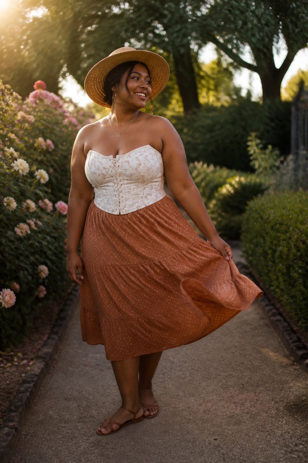 Woman in straw hat, white corset, and brown polka-dot skirt on garden path