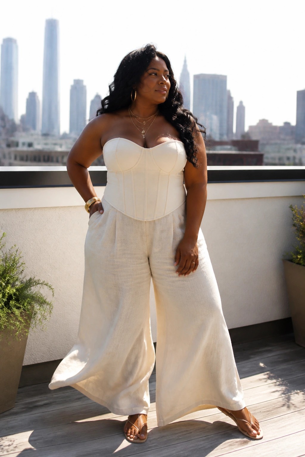 Woman in white corset top and wide-leg pants on rooftop with city skyline