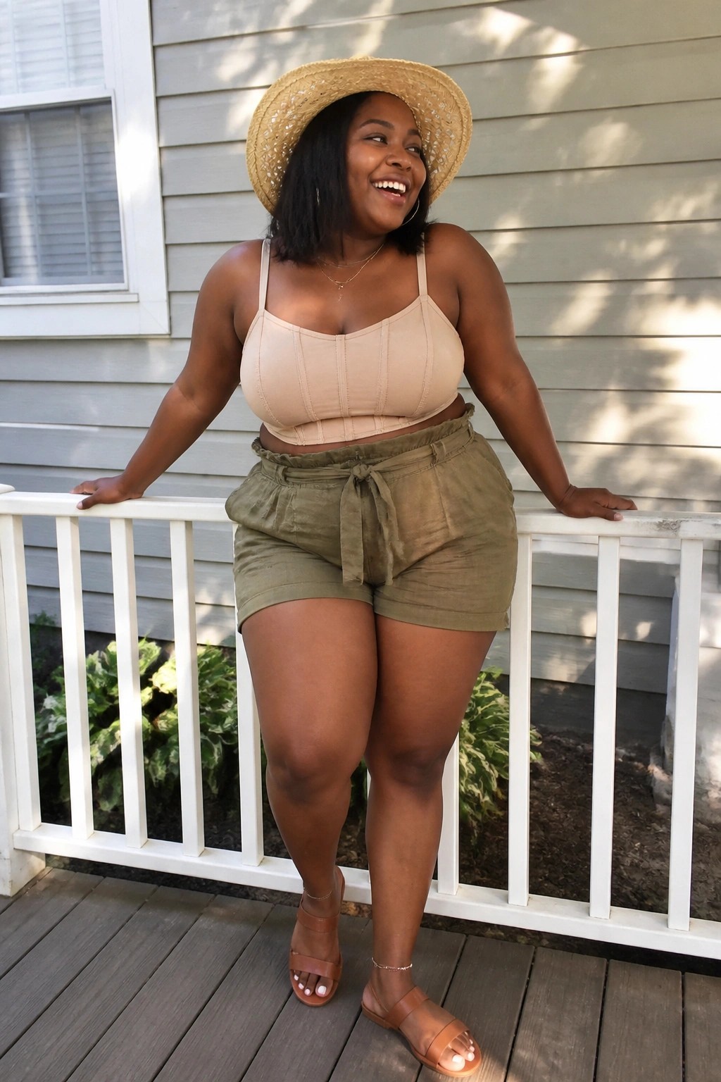 Plus size Black woman in a beige structured corset crop top, olive green paperbag waist shorts, straw hat, brown strappy sandals and layered necklaces standing on a wooden porch.
