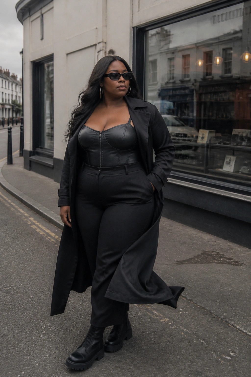 Woman in flowing black coat over corset top and pants on city street.