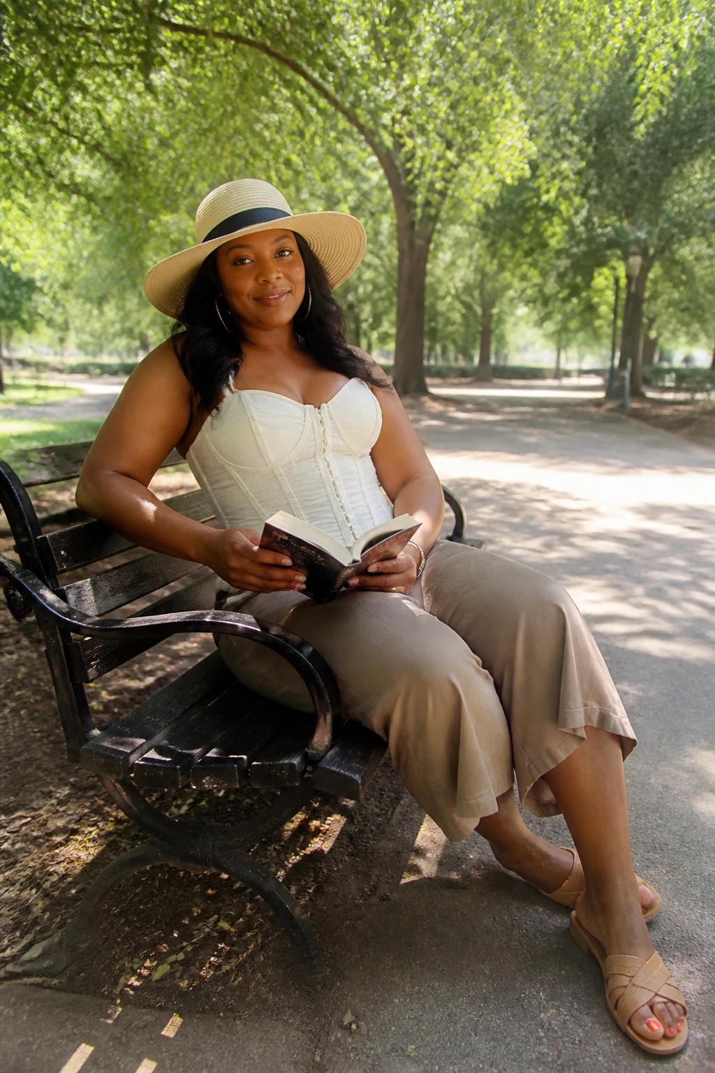 Plus size Black woman in white front button corset top, beige wide leg pants, straw hat with black band, and beige slide sandals holding an open book on a bench.