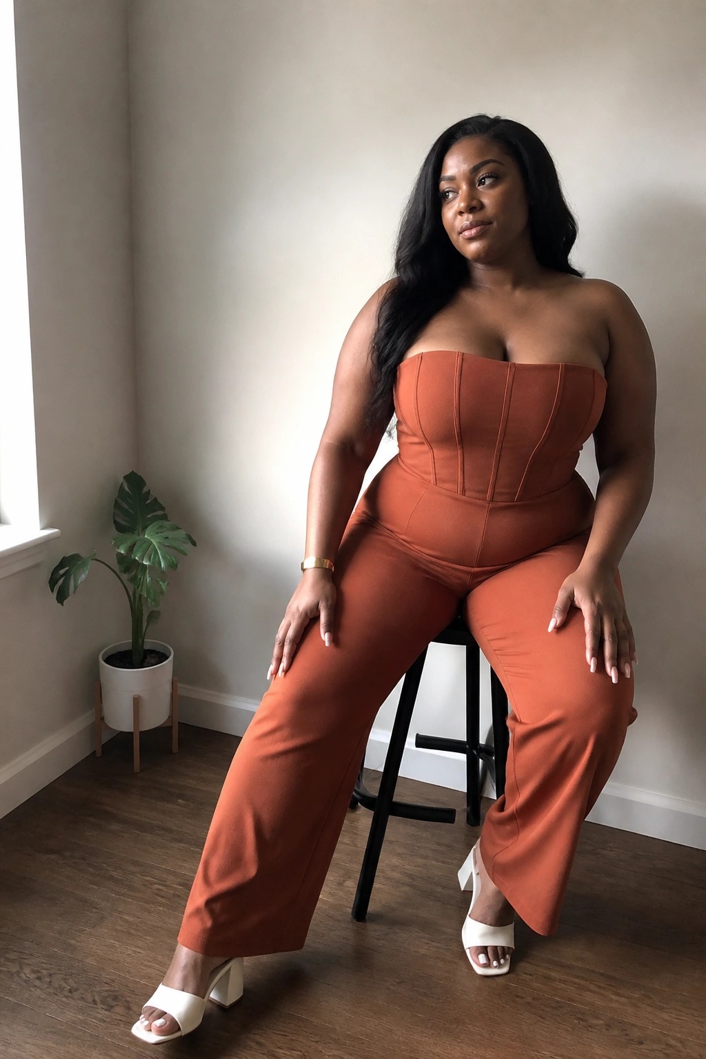 Woman in orange strapless jumpsuit seated on black stool beside potted plant
