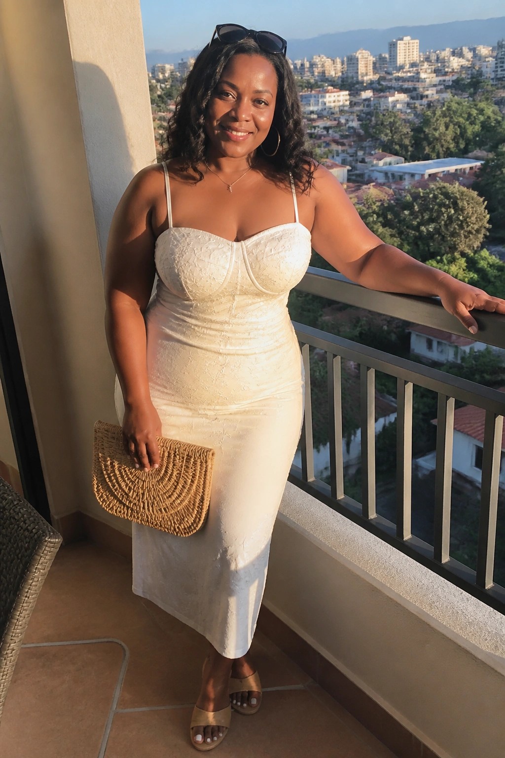 Woman in white lace midi dress holding woven clutch on balcony overlooking city