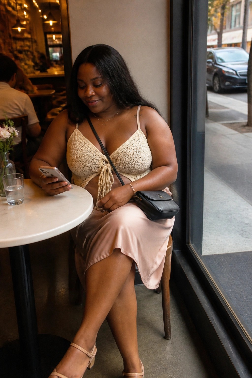 Woman in beige crochet top and pink satin skirt views phone at cafe table