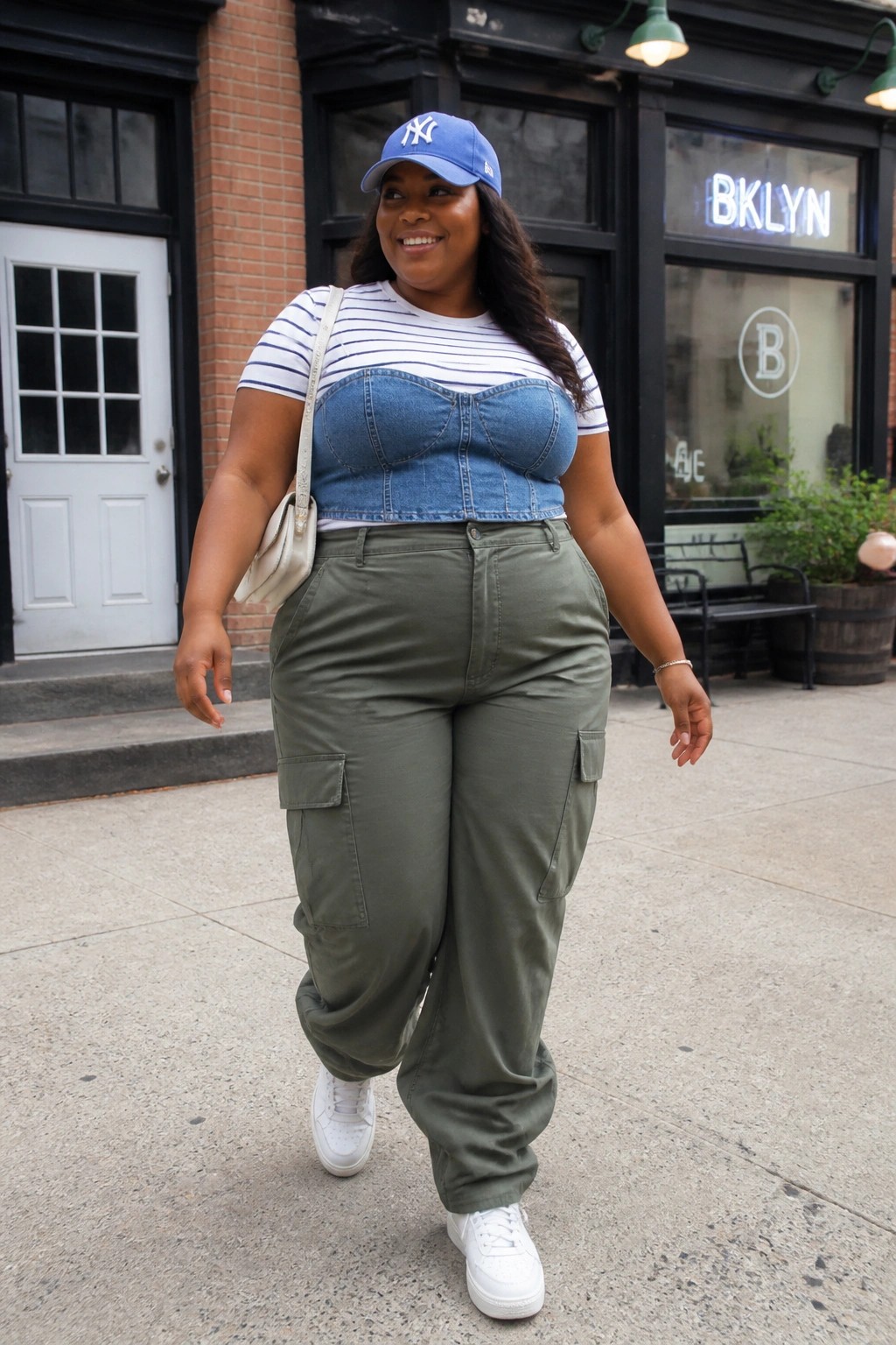 Smiling woman in denim corset over striped top, olive cargo pants, blue NY cap.