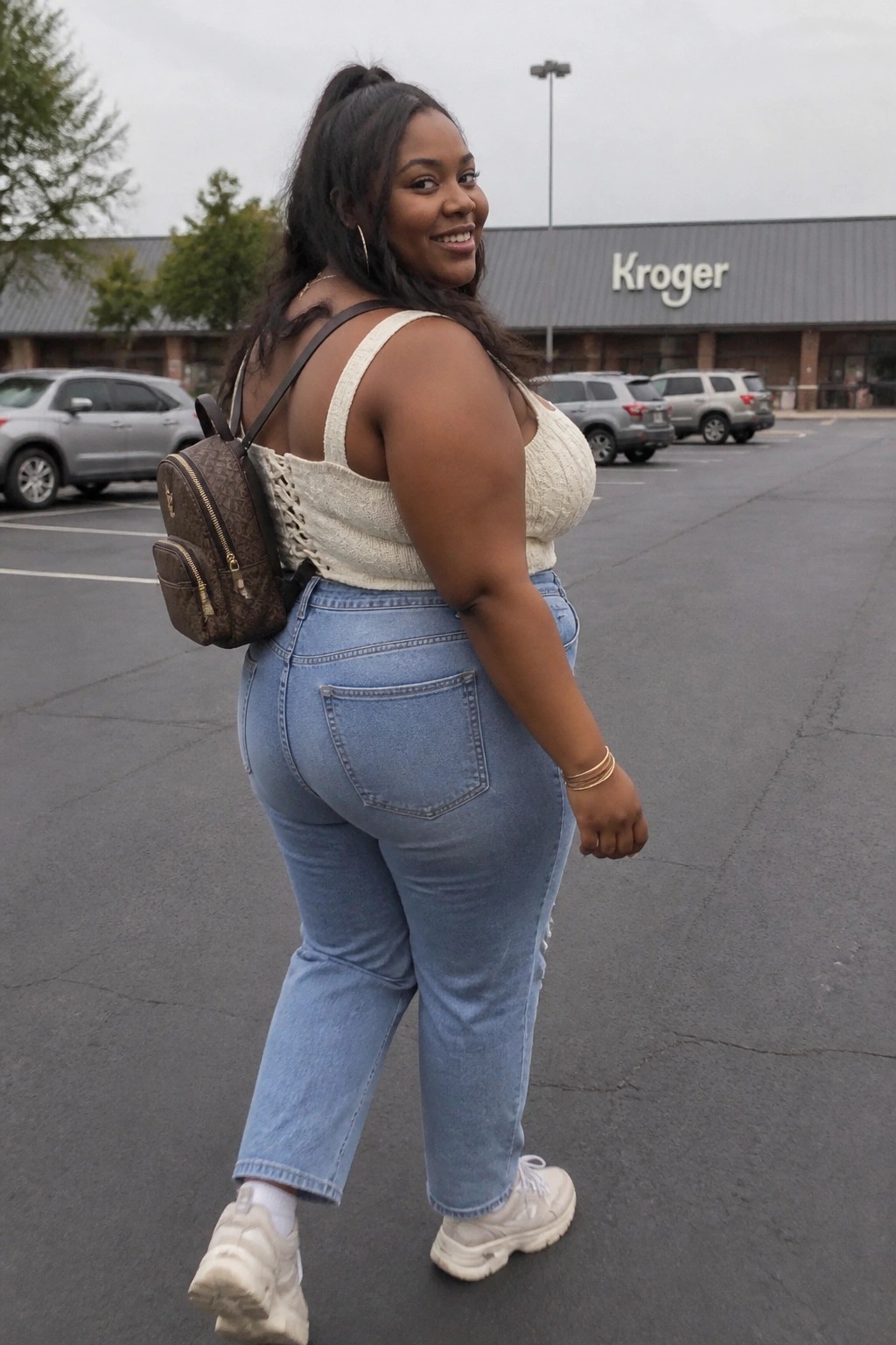 Smiling woman in white top and blue jeans with brown backpack in Kroger lot
