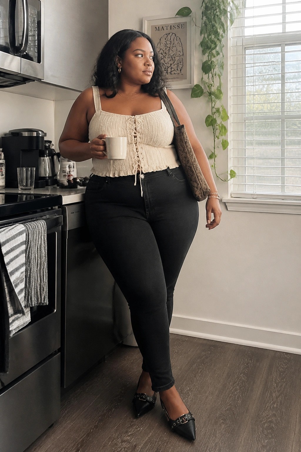 Plus size woman in cream lace up knit corset top, black skinny jeans, studded black pointed flats, holding a white mug and a snakeskin bag in a kitchen setting.