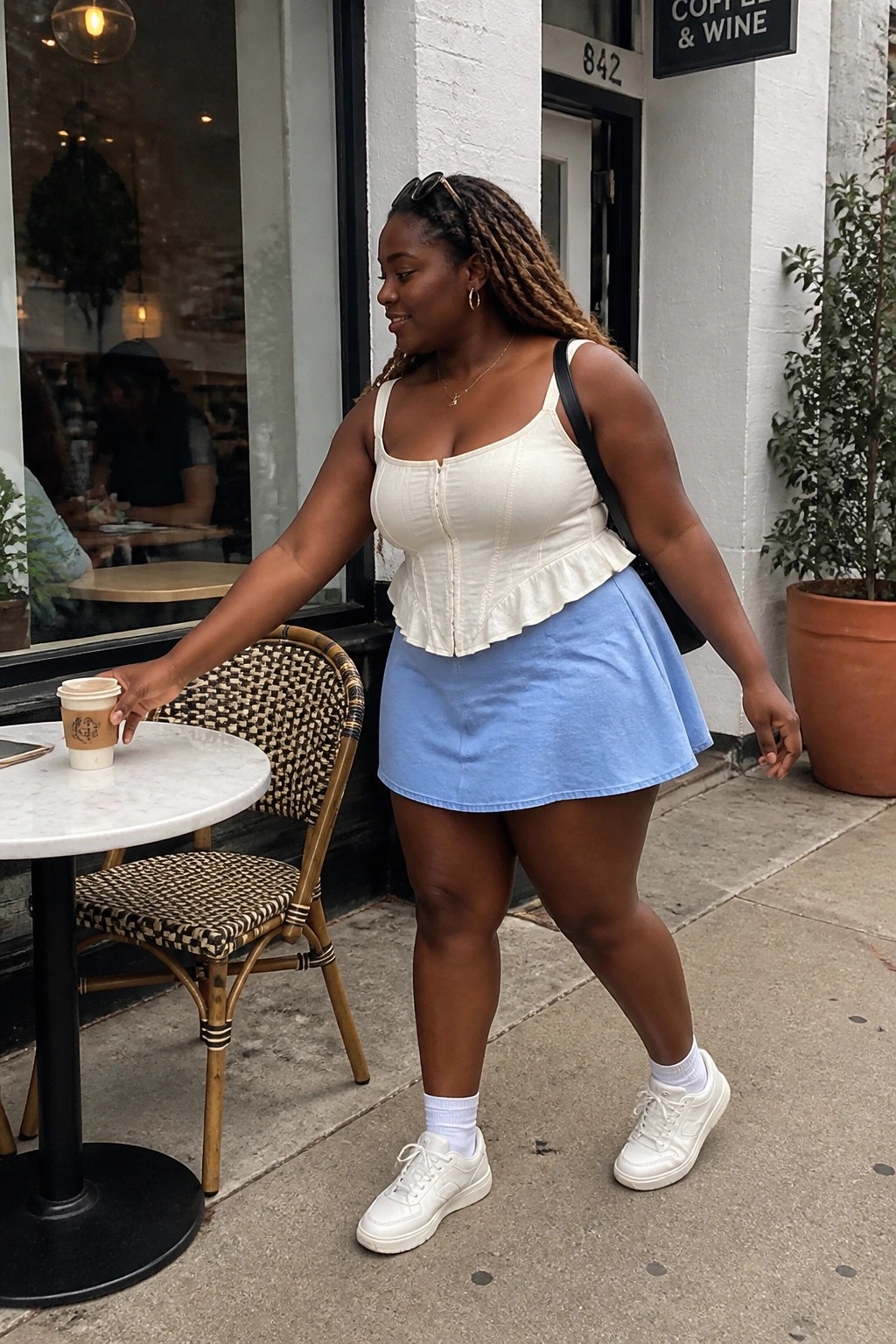 Woman in white peplum top and blue skirt holding coffee at outdoor cafe