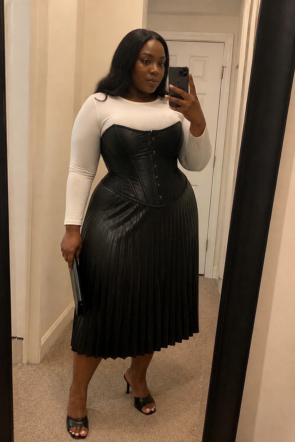 Woman in white top, black corset, and pleated skirt taking mirror selfie