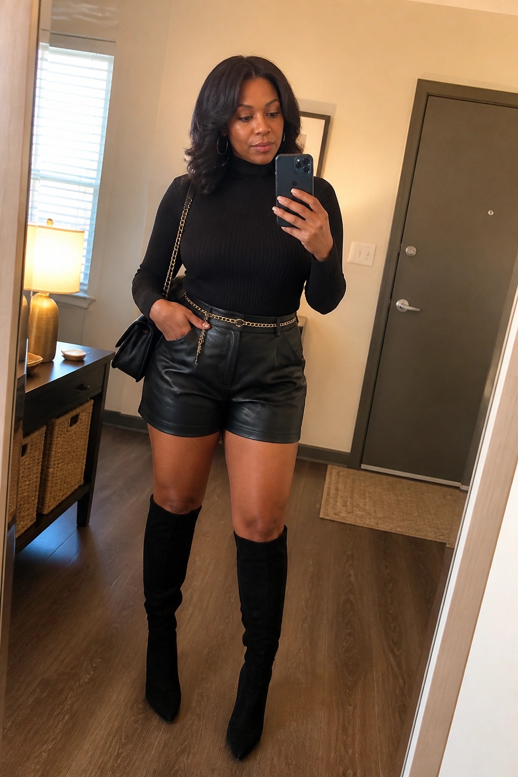 Woman in black turtleneck, leather shorts, and suede boots taking mirror selfie