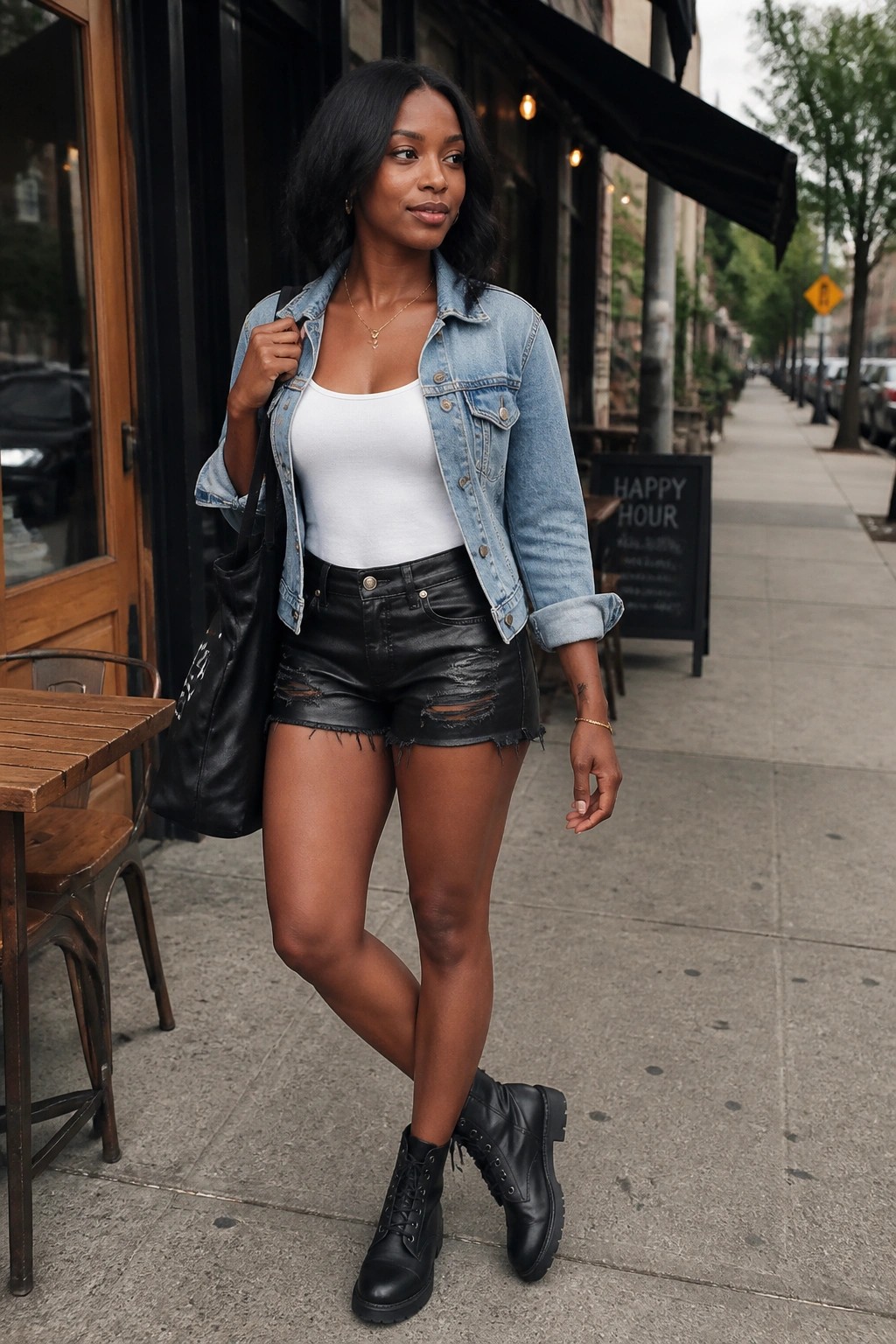 Woman in denim jacket, white tank top, black leather shorts, and boots on sidewalk.