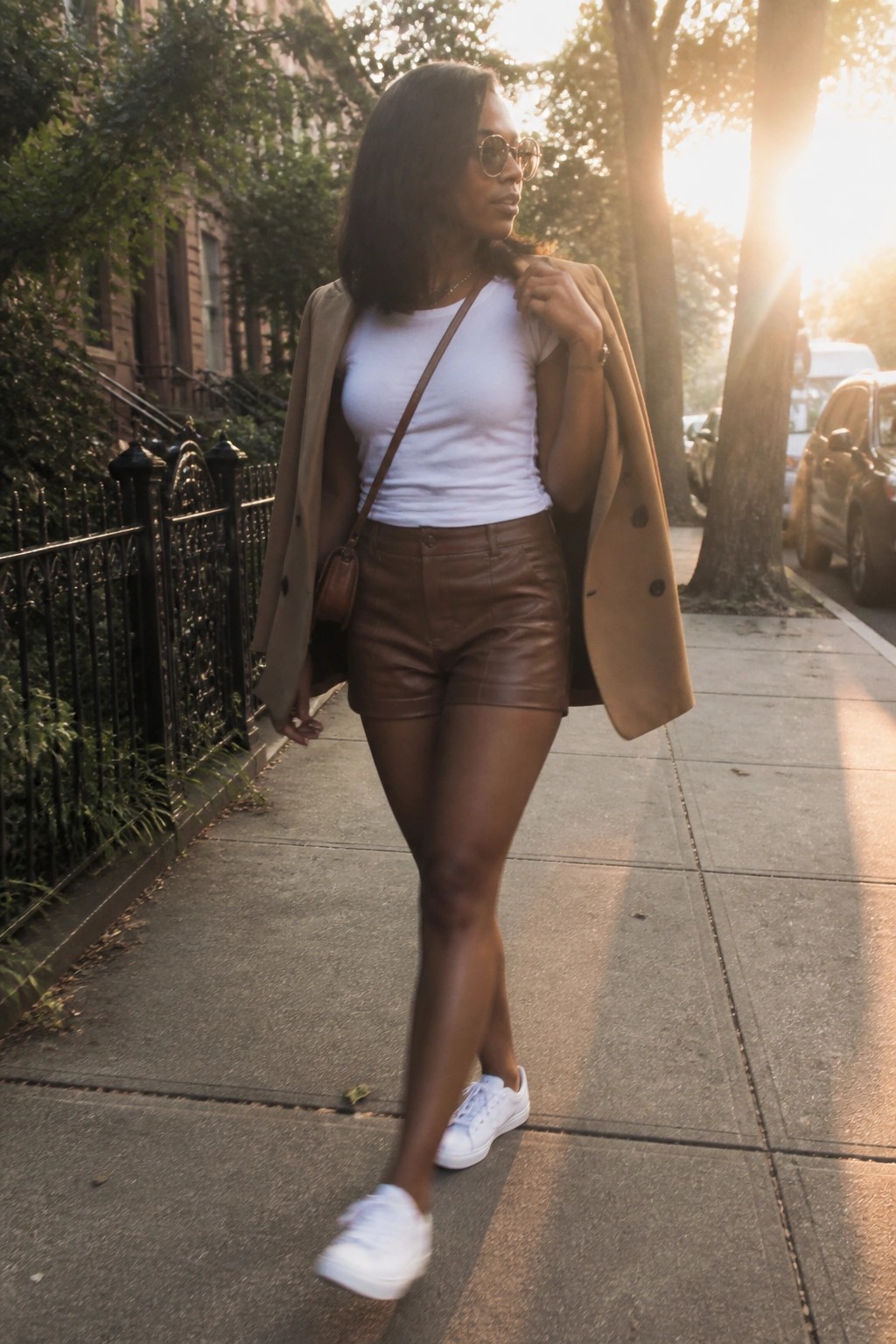 Woman in white top and brown leather shorts carries tan coat on sunny sidewalk