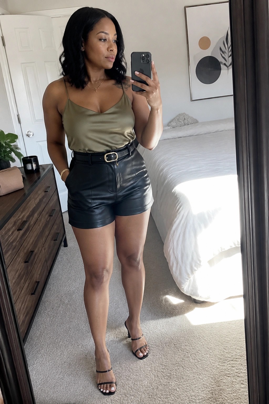 Woman in olive satin camisole and black leather shorts taking bedroom mirror selfie