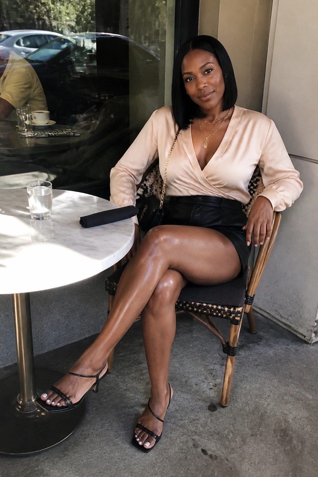 Woman wearing beige satin wrap blouse tucked into black leather shorts with strappy black heels and gold chain bag plus layered necklaces.