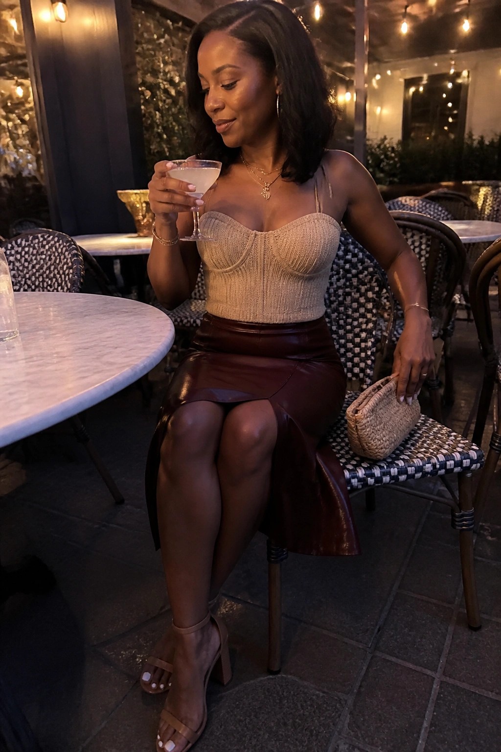 Woman in beige strapless top and brown leather skirt holding cocktail on patio