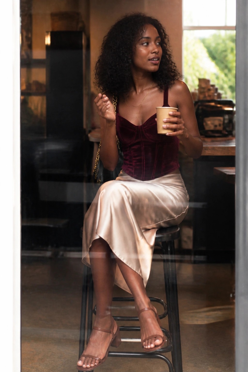 Curly-haired woman in maroon velvet corset and beige satin skirt holding coffee cup