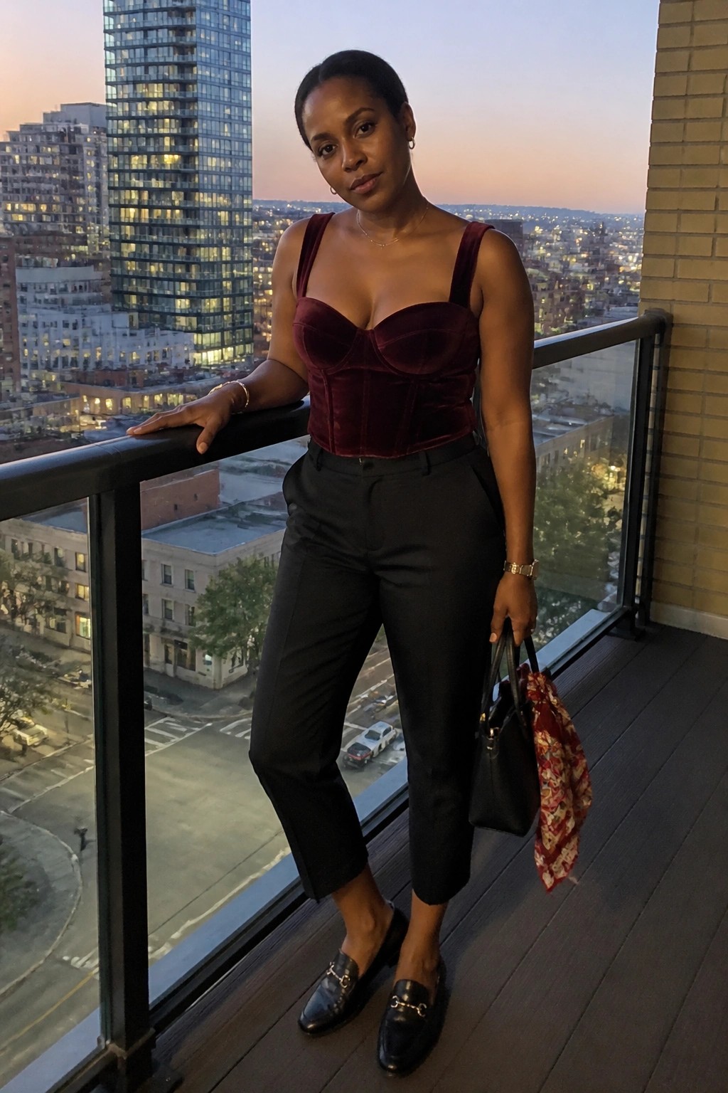 Woman in maroon velvet corset top and black pants on city balcony at dusk