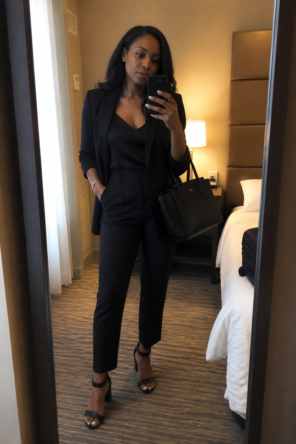 Woman in black pantsuit taking mirror selfie in hotel room holding phone and bag.