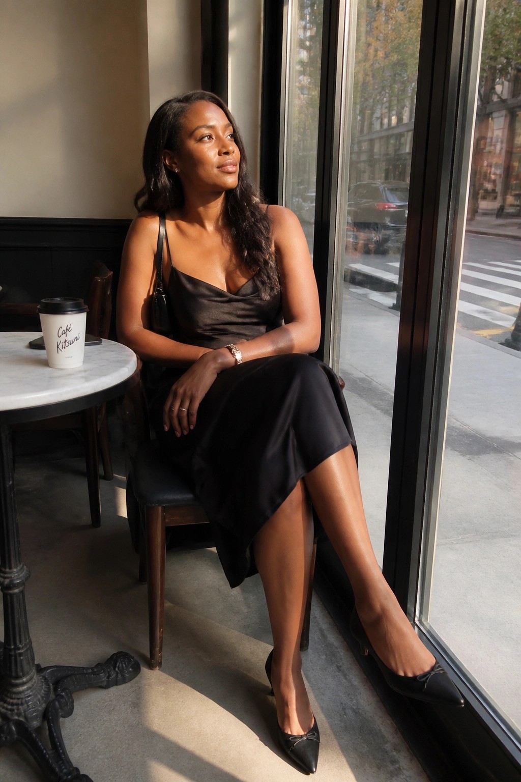 Woman in black satin dress seated by cafe window with coffee cup