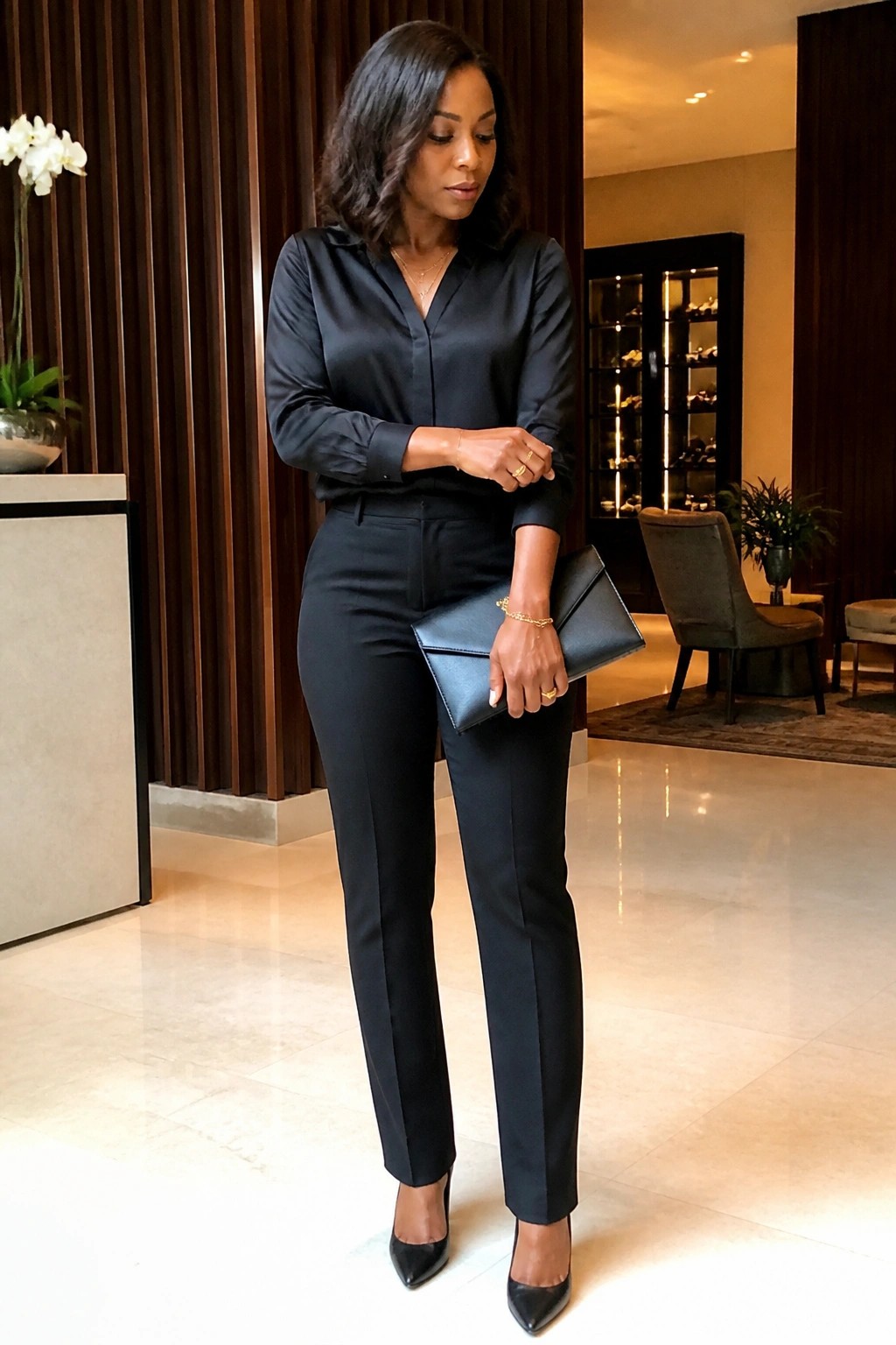Woman in black satin blouse and pants holding clutch in elegant lobby.