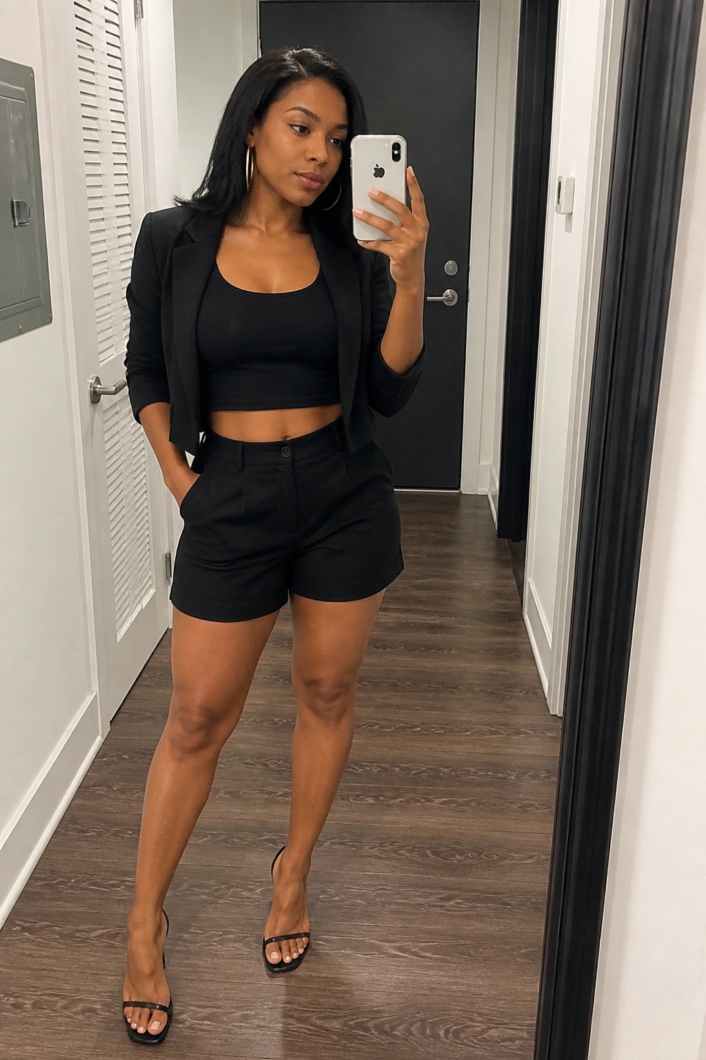 Woman in black blazer, crop top and shorts taking mirror selfie with iPhone