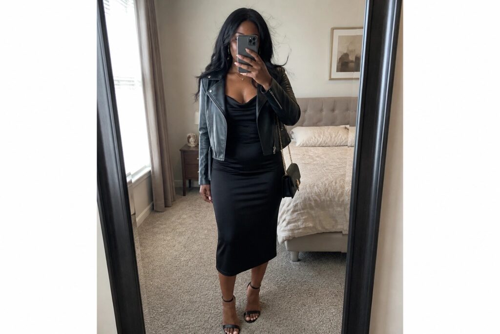25 Flattering All Black Night Out Outfits for Black Women Woman in black leather jacket and satin midi dress taking bedroom mirror selfie