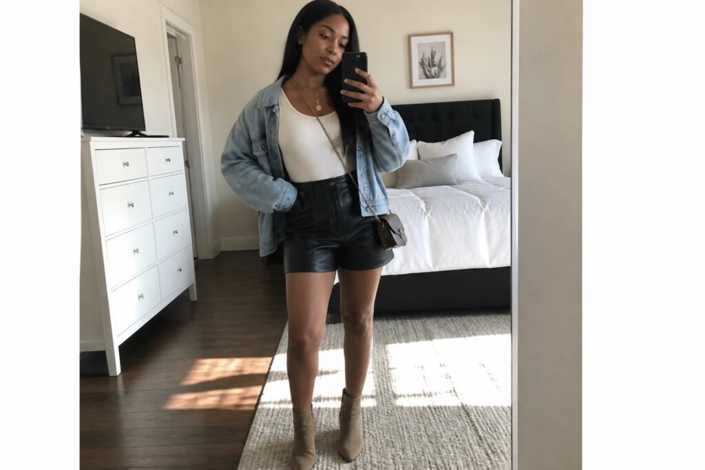 Woman in light blue denim jacket and black leather shorts taking bedroom mirror selfie