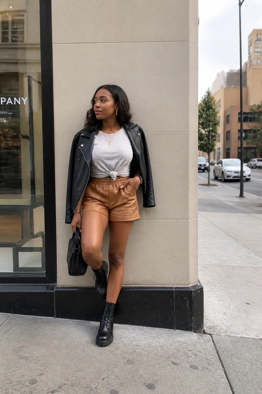 Woman in black leather jacket and brown shorts leaning on city building.