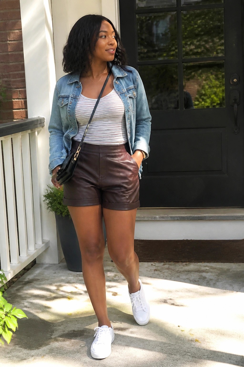 Woman in denim jacket, striped top, brown leather shorts, and white sneakers outdoors.