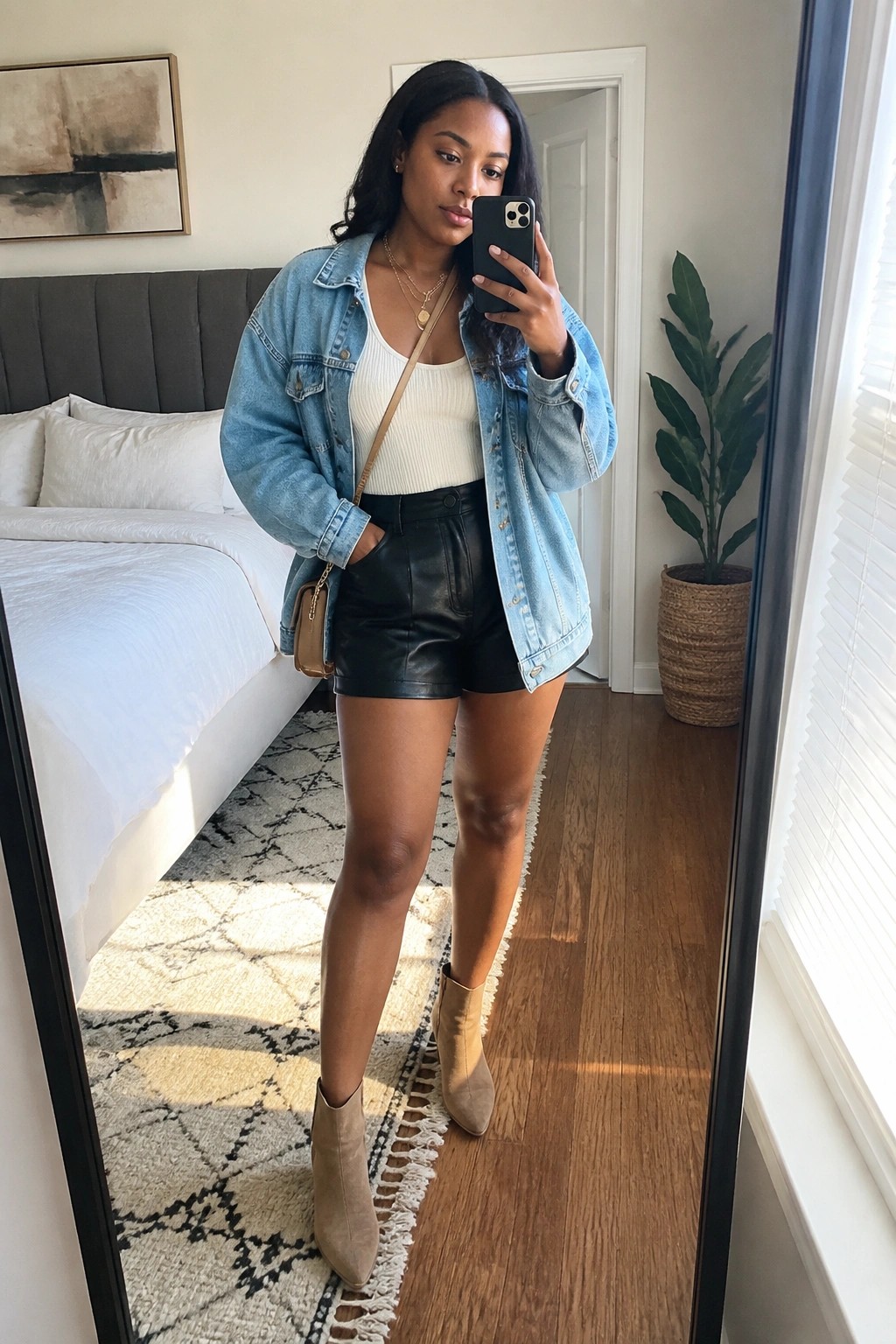 Woman in light blue denim jacket and black leather shorts taking bedroom mirror selfie