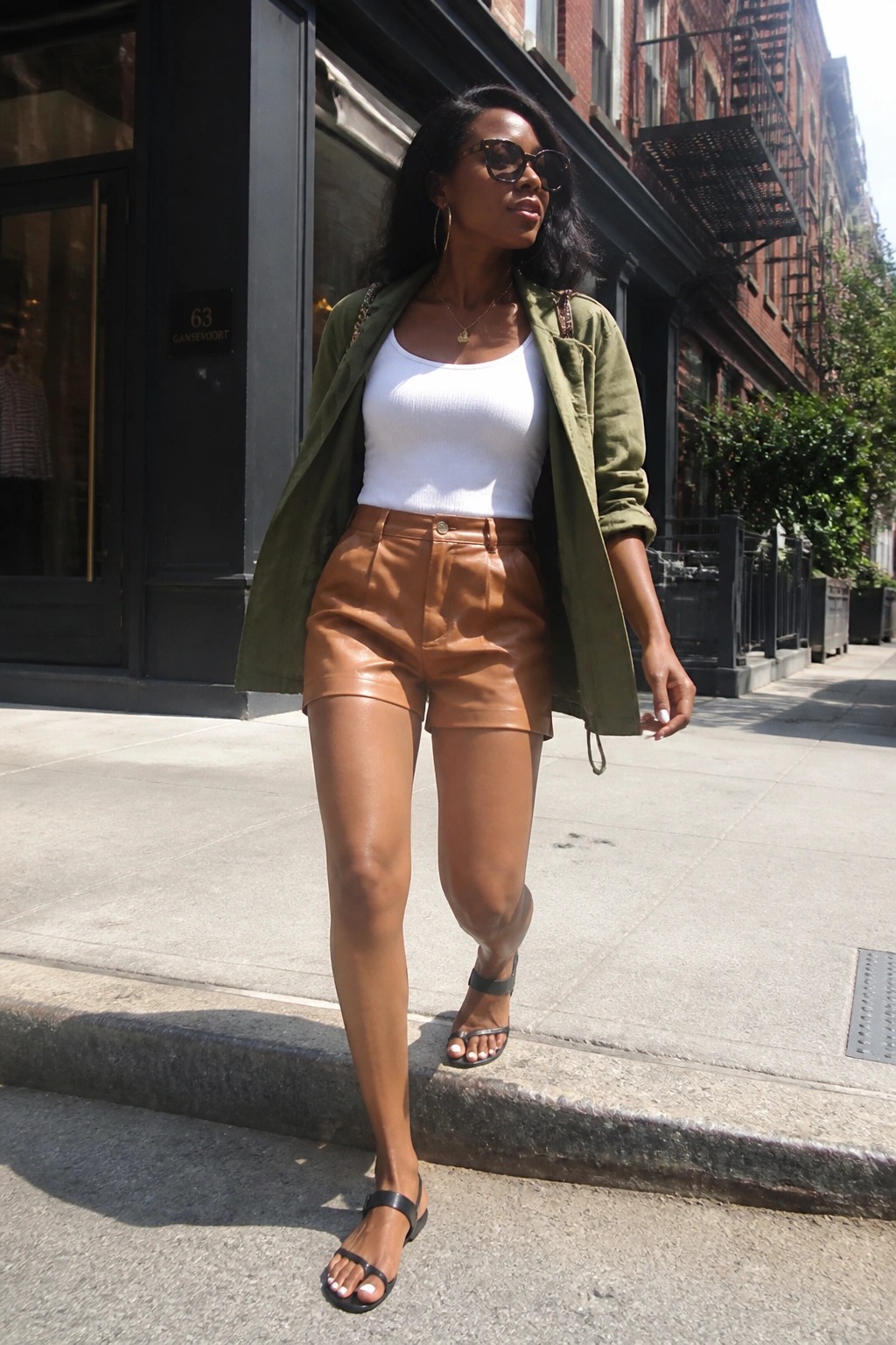 Woman in olive jacket over white top and brown leather shorts on city sidewalk