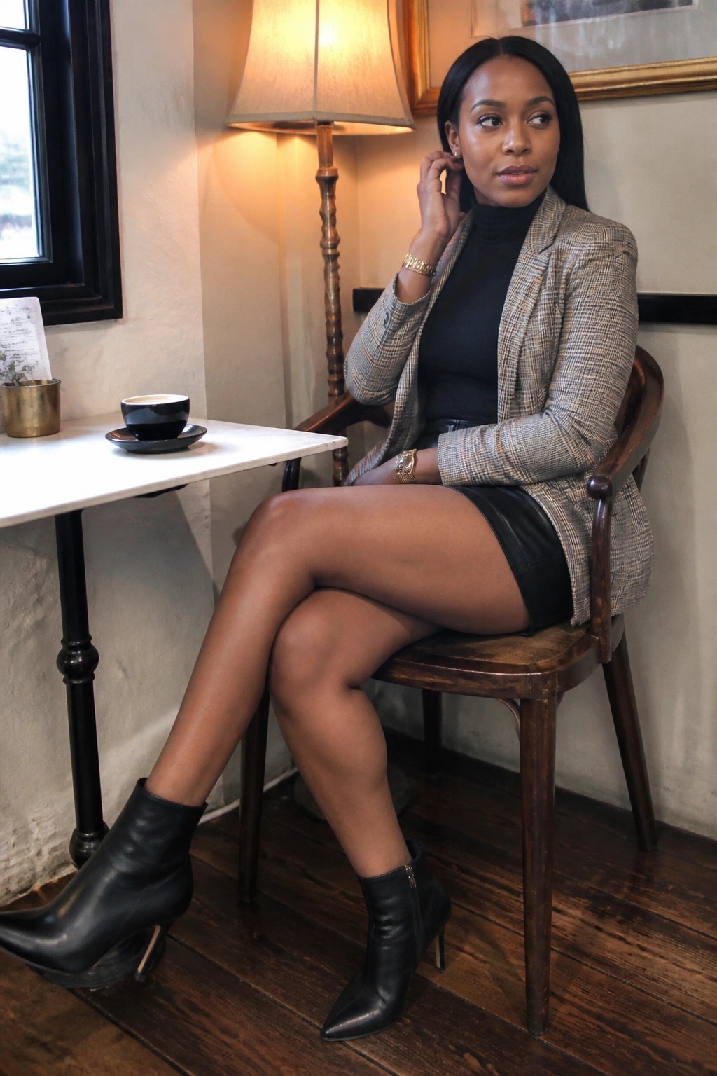 Woman in black leather shorts, black turtleneck, plaid blazer and black ankle boots seated with legs crossed