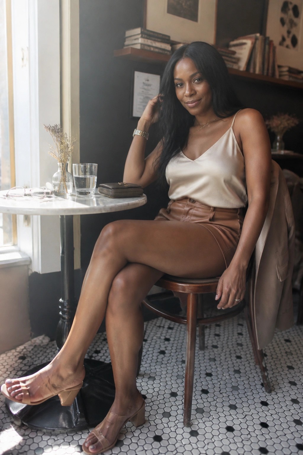 Black woman seated in brown leather shorts, beige satin camisole top, nude block heel sandals, with a lightweight beige jacket draped nearby and minimal gold jewelry.