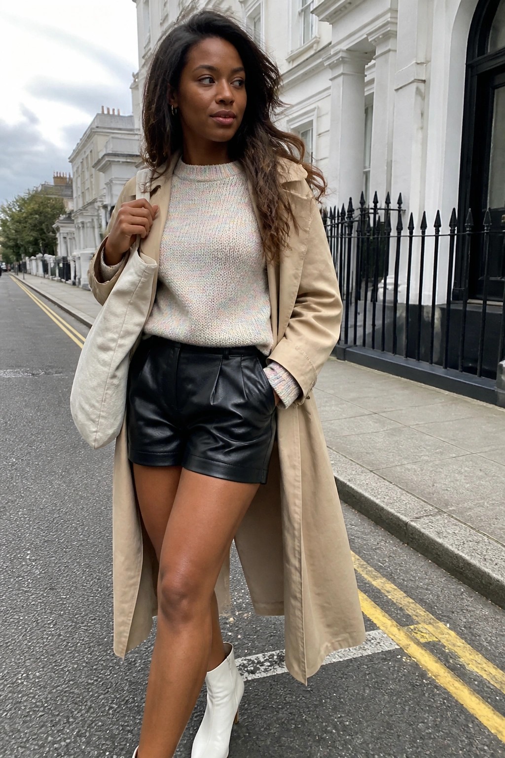 Woman wearing black leather shorts, a multicolored knit sweater, and a long beige trench coat with white ankle boots while holding a matching tote bag.