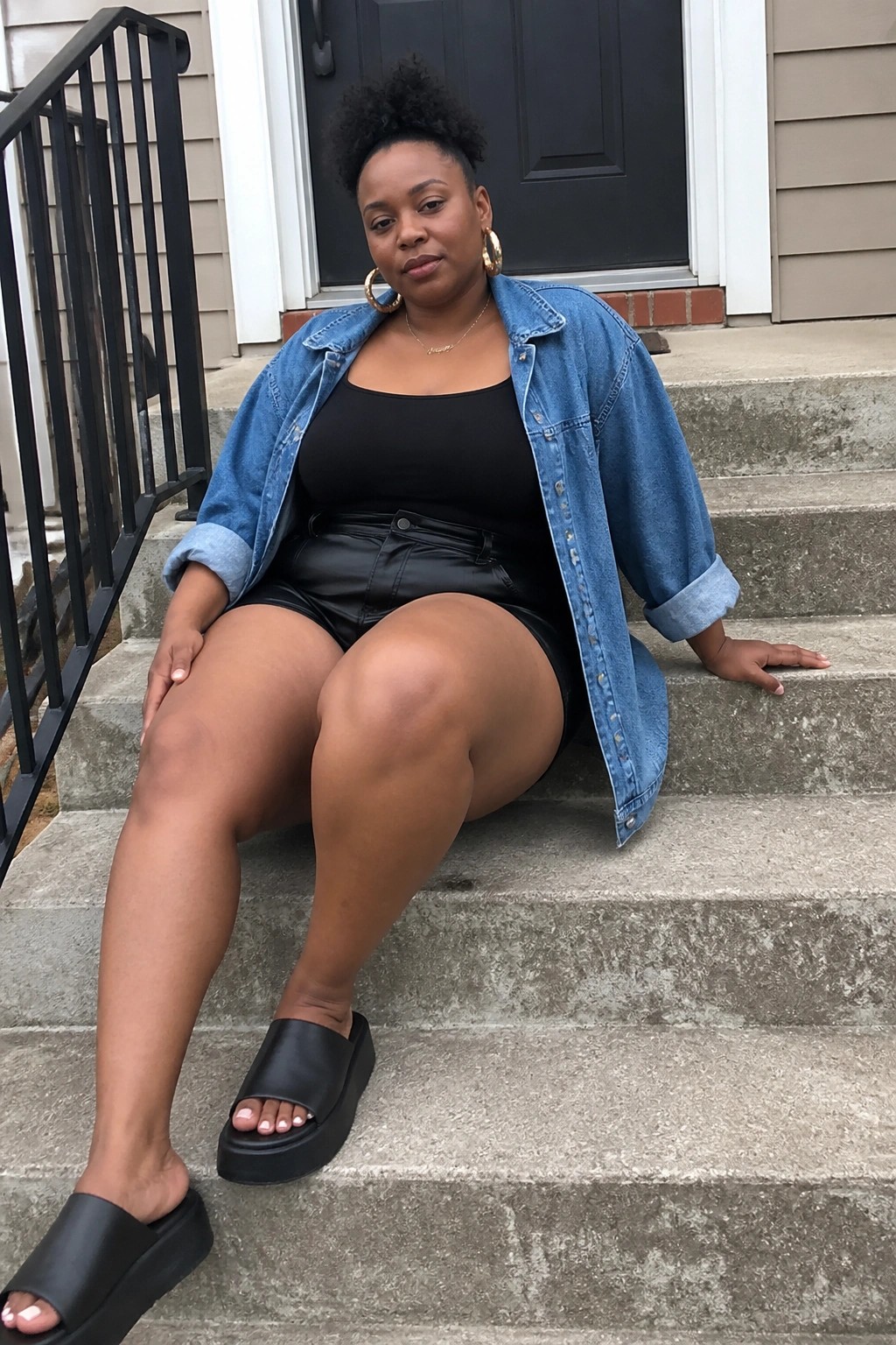 Woman in blue denim jacket and black shorts seated on concrete steps