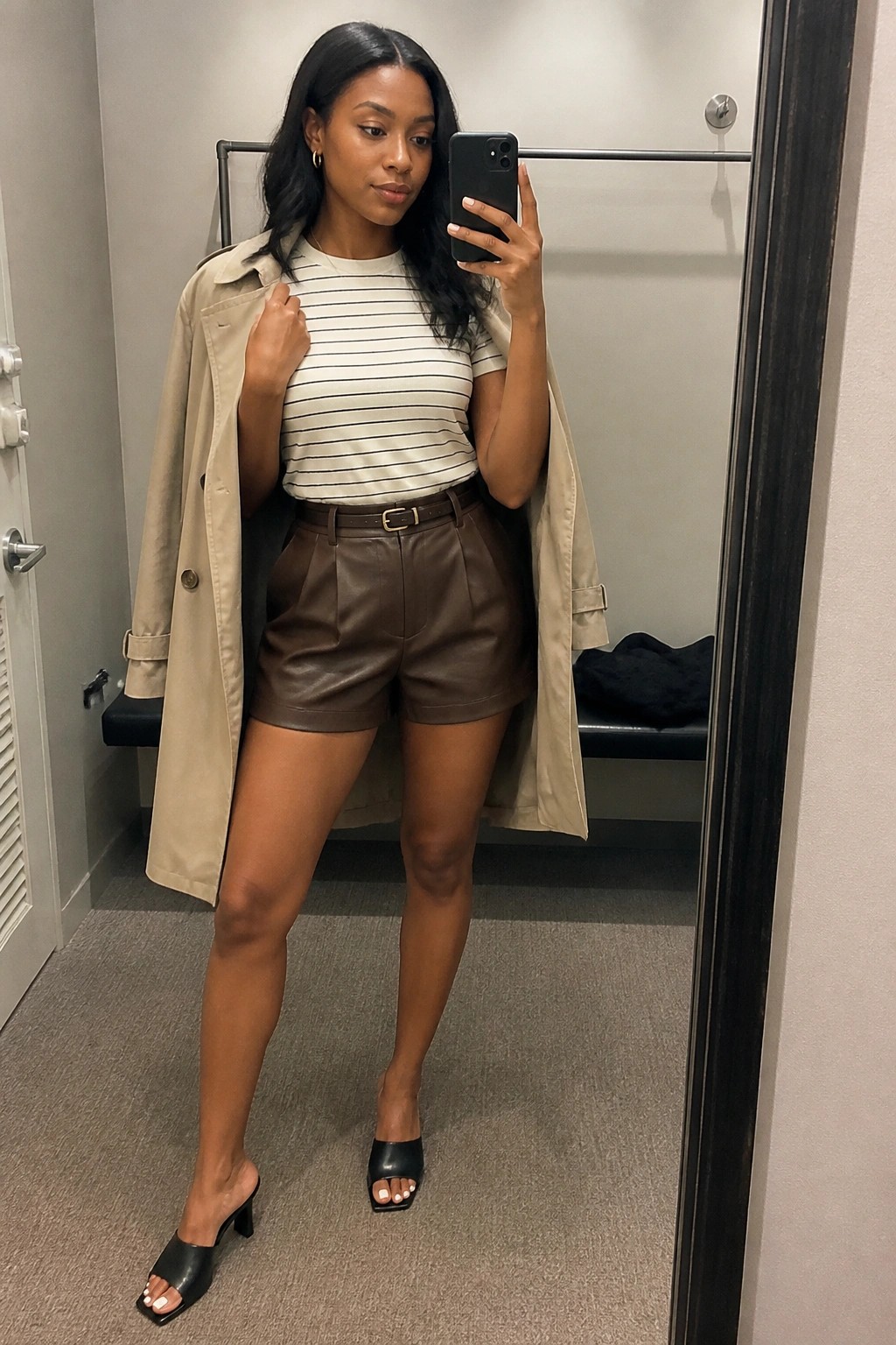 Woman in striped tee, brown leather shorts, and open beige trench coat taking mirror selfie.